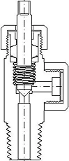 Desenho técnico em corte da válvula do cilindro grande de cloro, sem bujão-fusível, mostrando a rosca de fixação ao tubo pescante