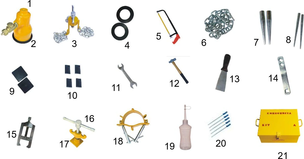 Fotografia dos 21 itens numerados do kit de emergência tipo A para vazamento em cilindro pequeno de cloro (copo de vedação, corrente, chaves, martelo, espátula, frasco borrifador de amônia e a caixa amarela do kit)