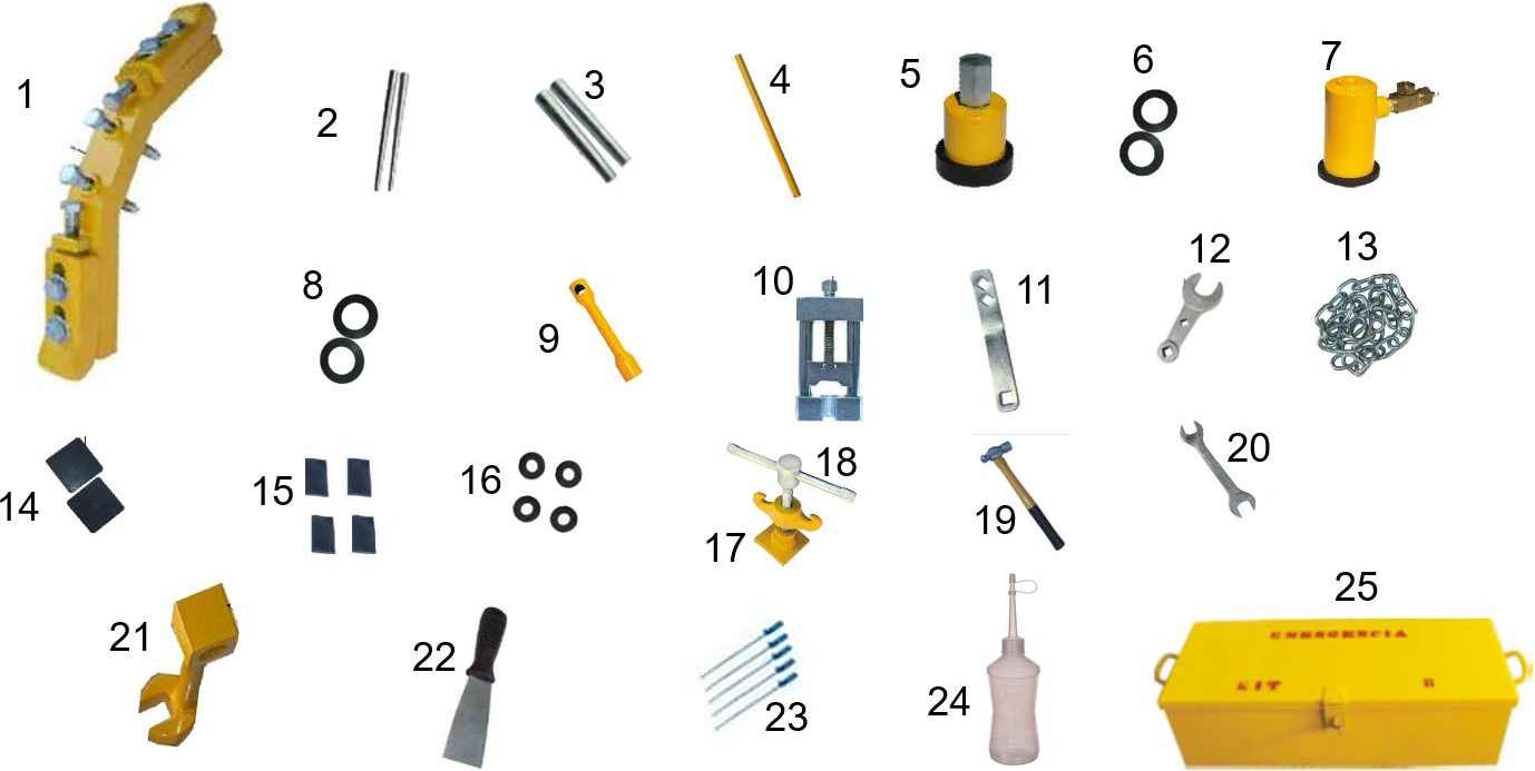 Fotografia dos 25 itens numerados do kit de emergência tipo B para vazamento em cilindro grande de cloro (barra de ajustagem, cabo de força, copos de vedação, chaves, martelo, frasco borrifador de amônia e a caixa amarela do kit)