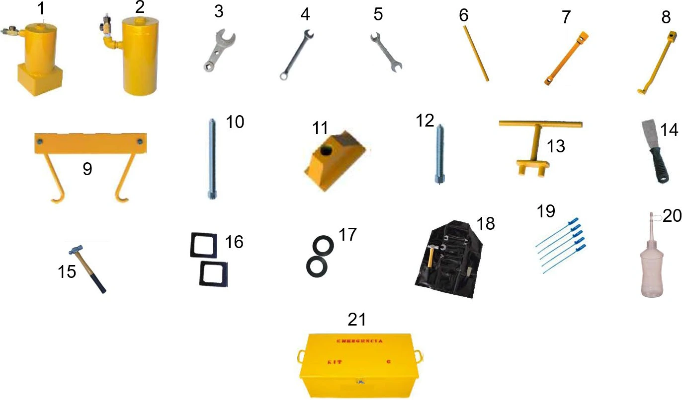 Fotografia dos 21 itens numerados do kit de emergência tipo C para vazamento em caminhão-tanque ou container tanque (isocontainer) de cloro (bloco trapézio, chaves, barra de ajustagem, martelo, avental, frasco borrifador de amônia e a caixa amarela do kit)