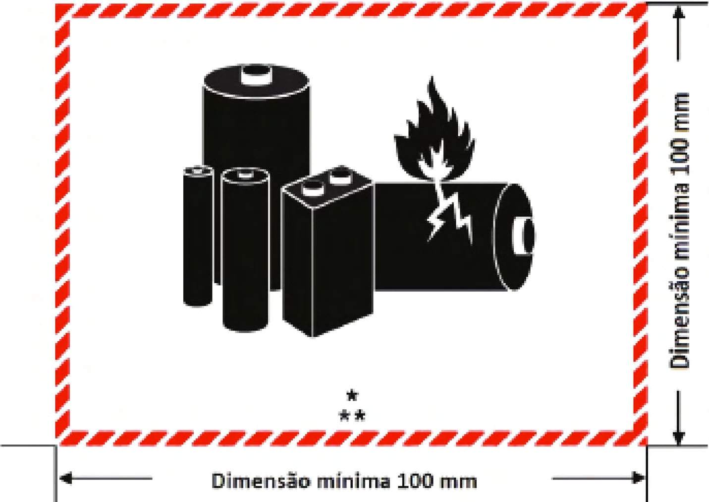 Desenho cotado do símbolo de baterias de lítio, moldura mínima de 100 mm